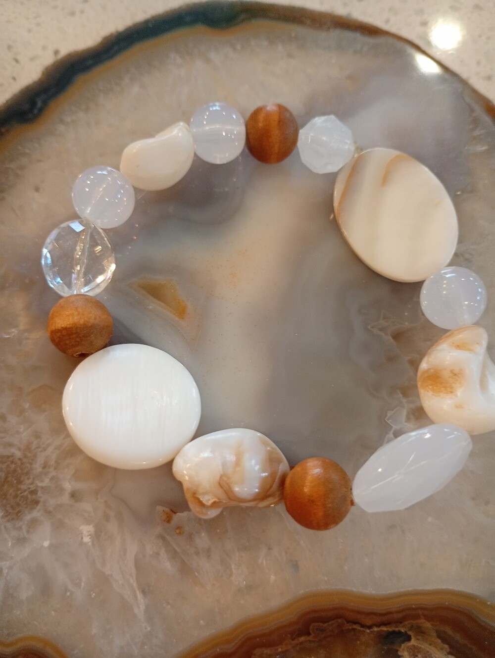 White Shell Like, Clear  + Brown Beaded Stretch Bracelet